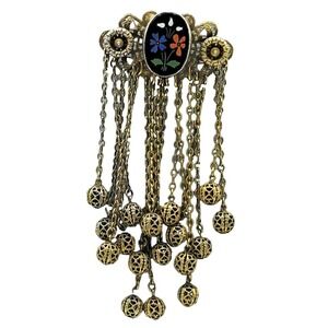 Pietra Dura Fur Clip Dangling Filigree Balls Floral Motif Signed Jewelry